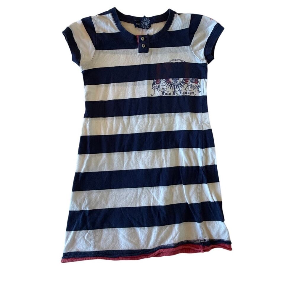 POLO Ralph Lauren Striped  tshirt Y2K girls Dress Cotton Blue White Size 6X